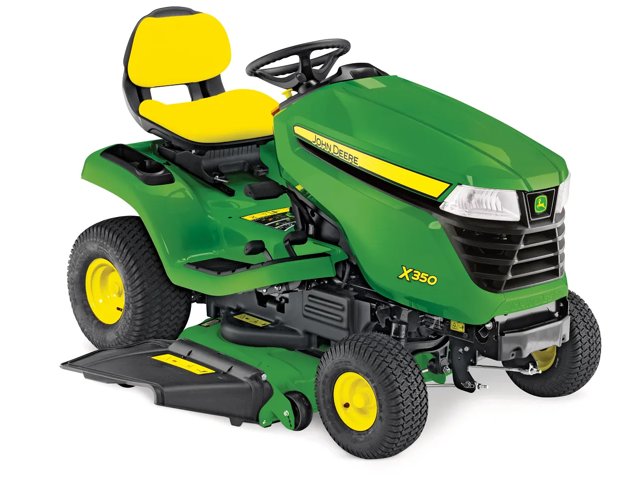 John Deere X350 Aufsitzrasenmäher auf großer Grünfläche John Deere X350 Aufsitzrasenmäher auf großer Grünfläche
