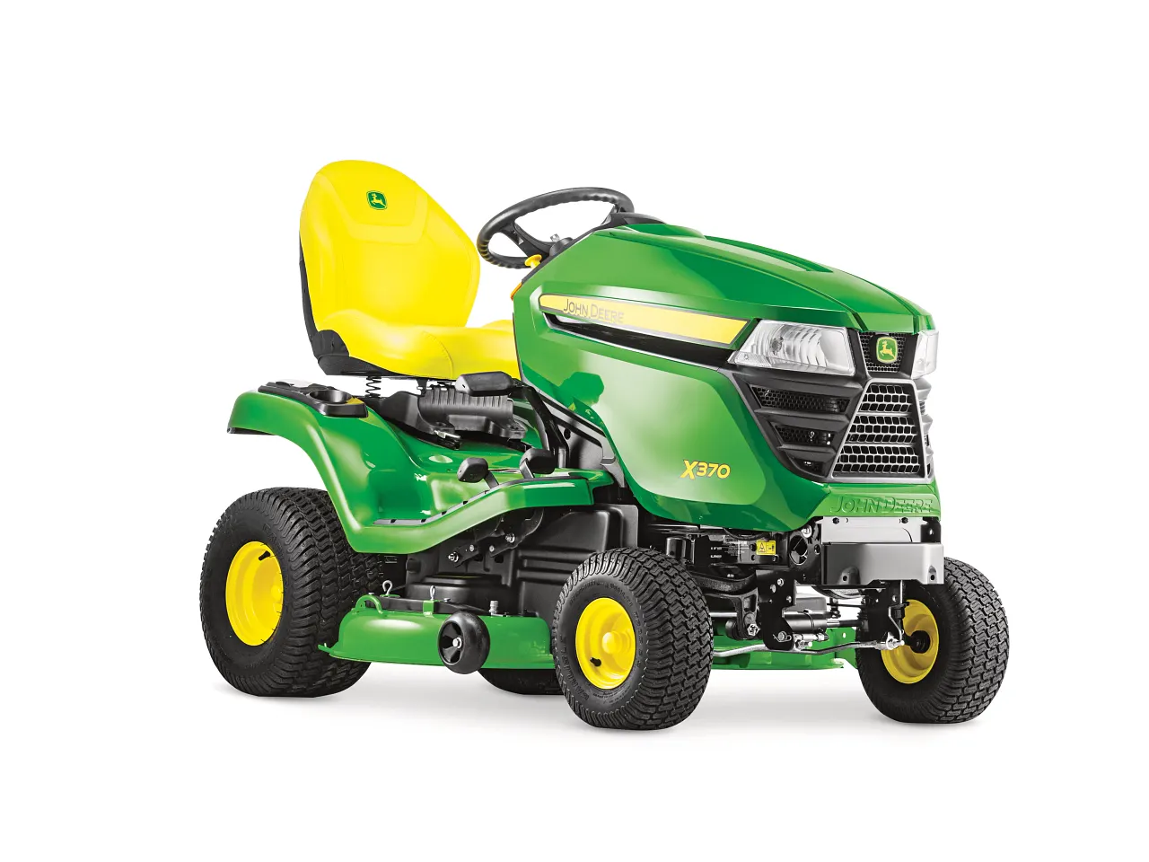 John Deere X370 Aufsitzmäher auf gepflegtem Rasen frontal John Deere X370 Aufsitzmäher auf gepflegtem Rasen frontal