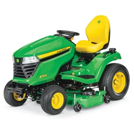 John Deere X584 Aufsitzmäher beim Mähen großer Rasenfläche